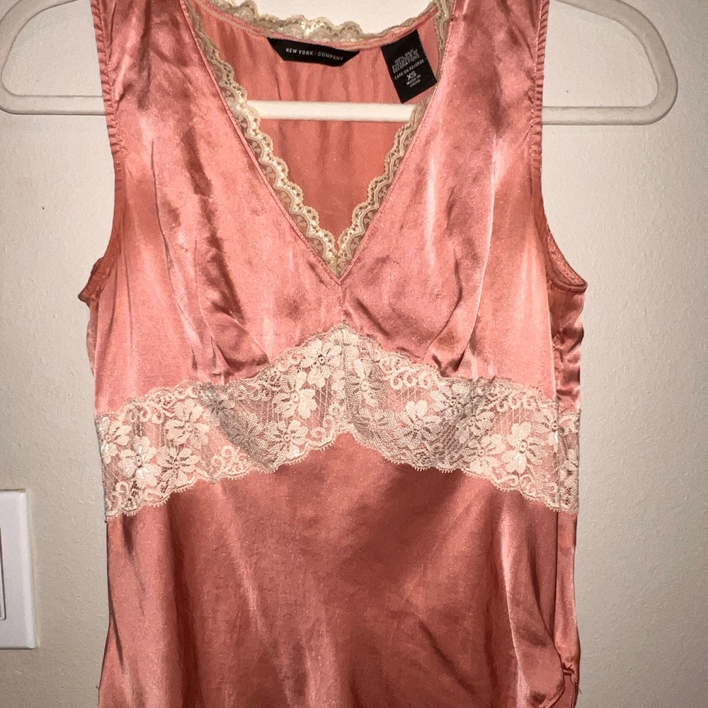 New York & Company Silk Tanktop with Lace - Soft Pink and Cream